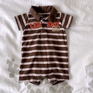 Knit polo short romper by child of mine. Brown stripe.